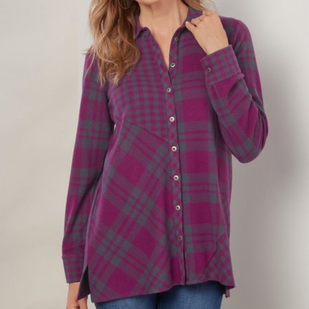 SOFT SURROUNDINGS Paramour Plaid Tunic Pullover Soft Flannel Shirt Stretch